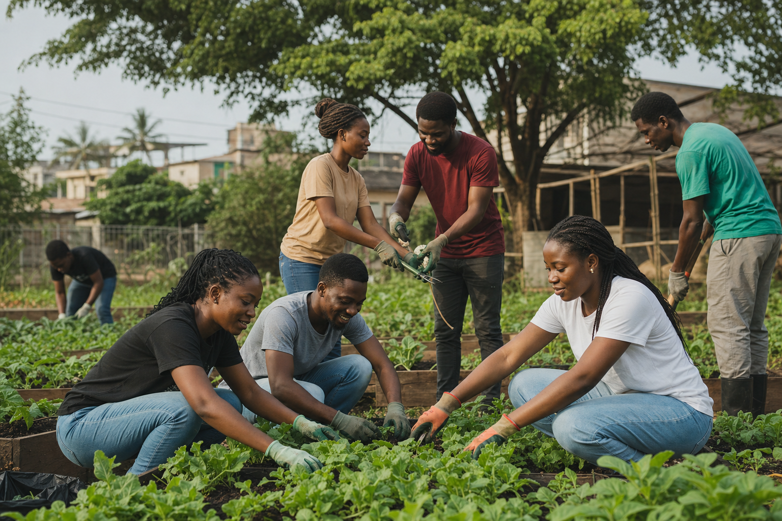 Young Nigerian adults tending raised vegetable beds together in a shaded community garden.
