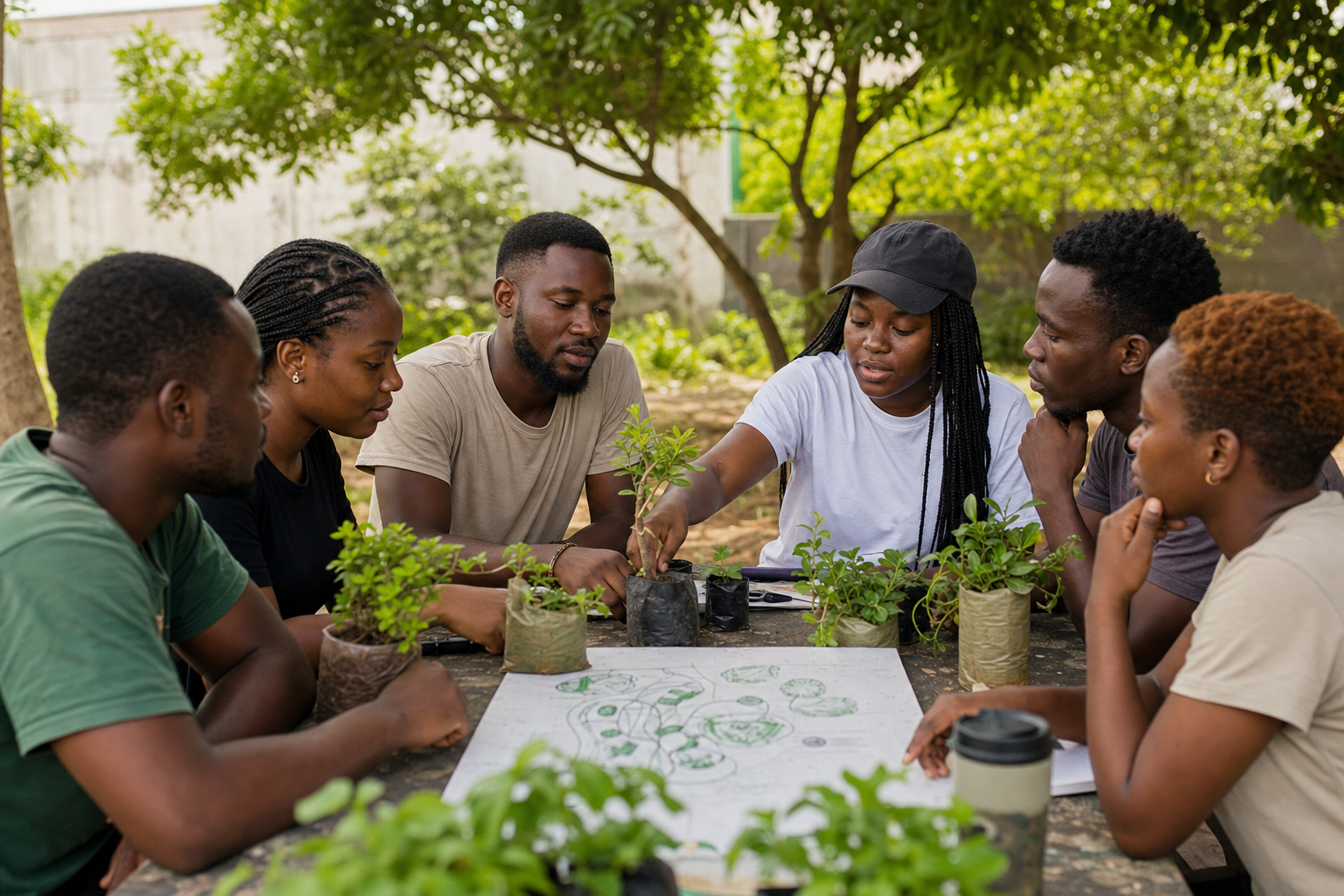 Young Nigerian adults discussing seedlings around a table beneath trees.