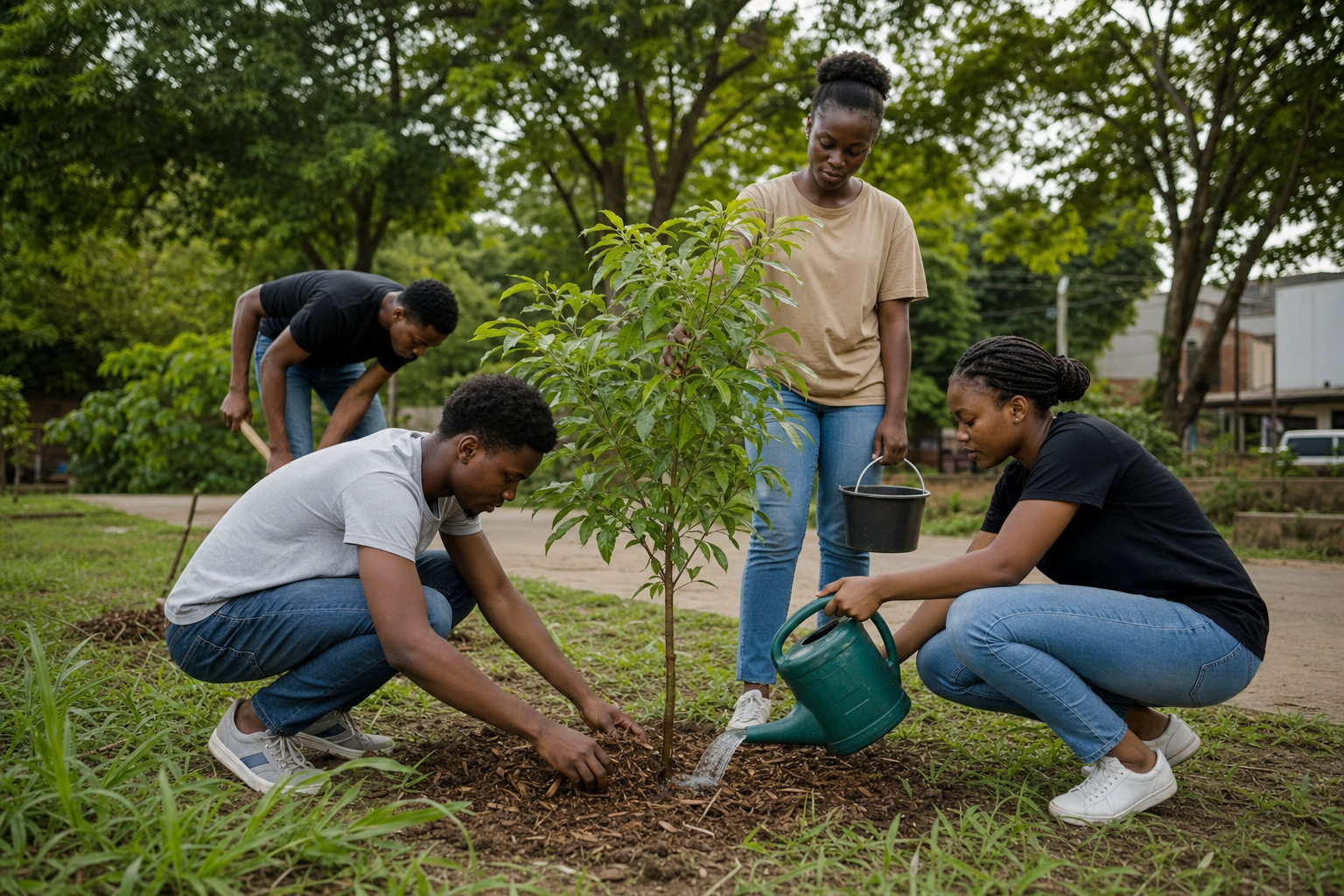 Young Nigerian adults watering and mulching a young tree in a neighbourhood green space.