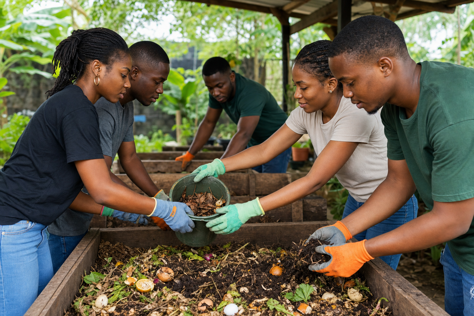 Young Nigerian adults adding kitchen scraps and dry leaves to a community compost bay.