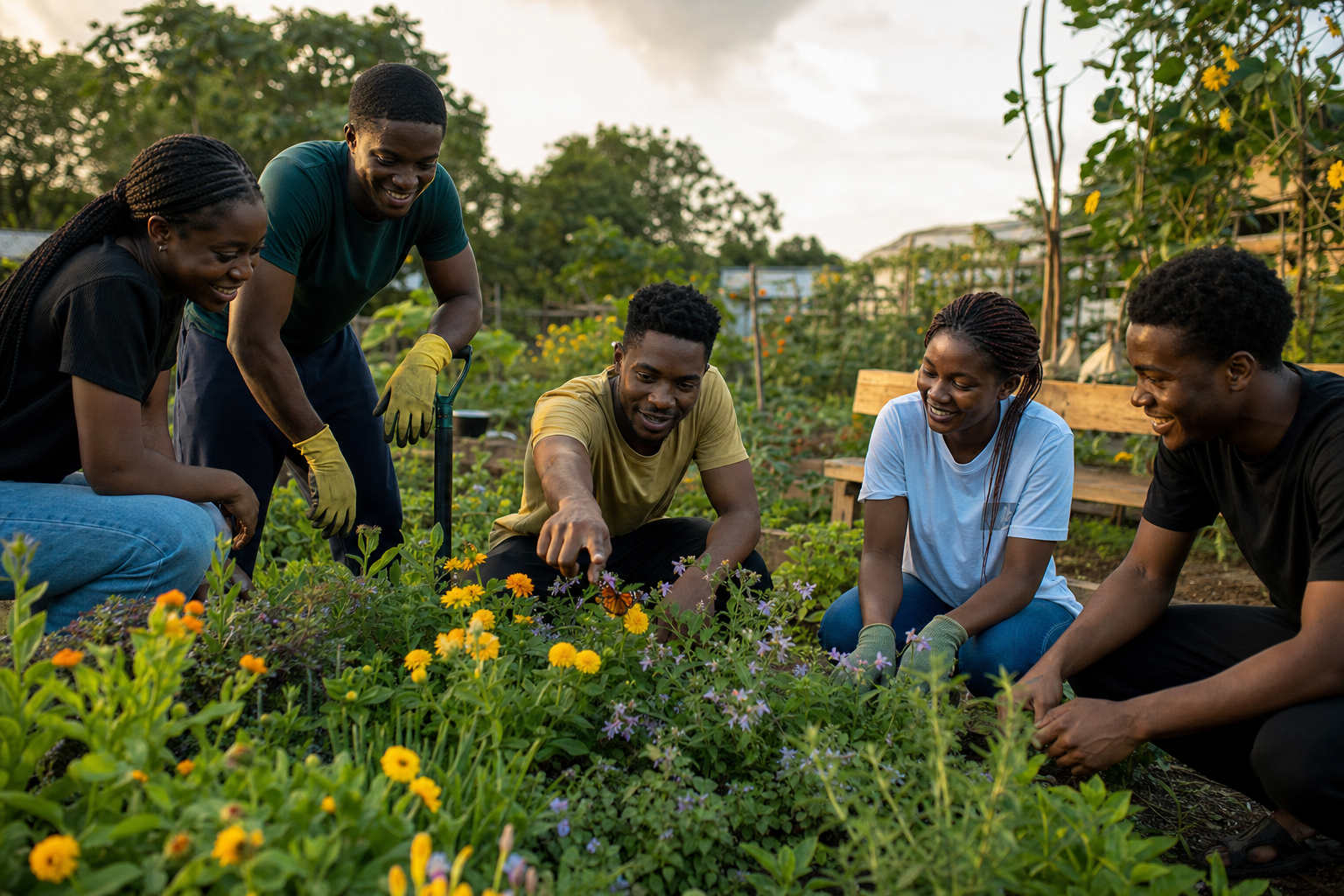 Young Nigerian adults gathering around flowering plants in a community garden at sunset.